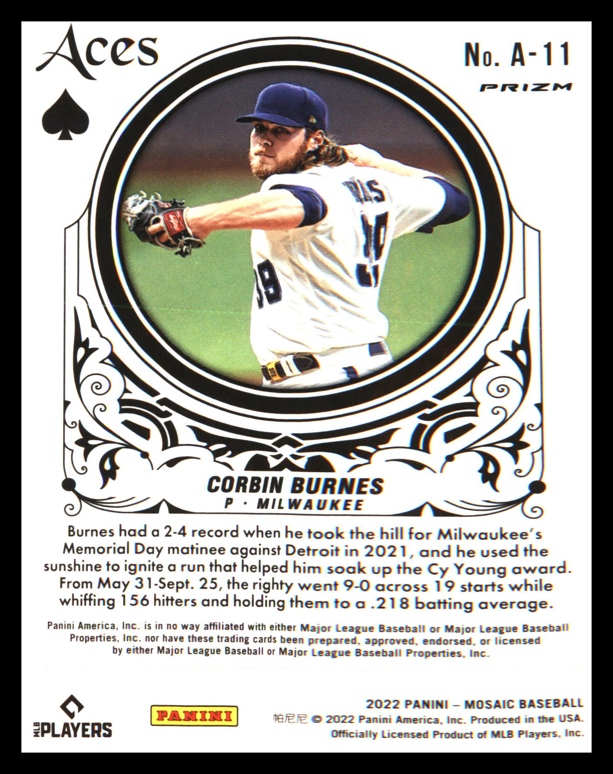 2022 Panini Mosaic Aces Green Mosaic #A-11 Corbin Burnes - Veteran Sports Cards FL