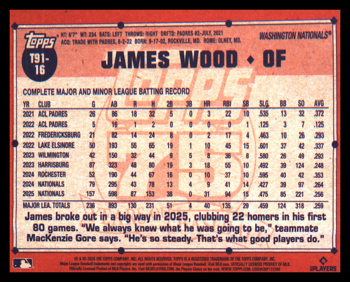 2026 Topps 1991 Topps Baseball 35th Anniversary (Series One) #T91-16 James Wood - Veteran Sports Cards FL