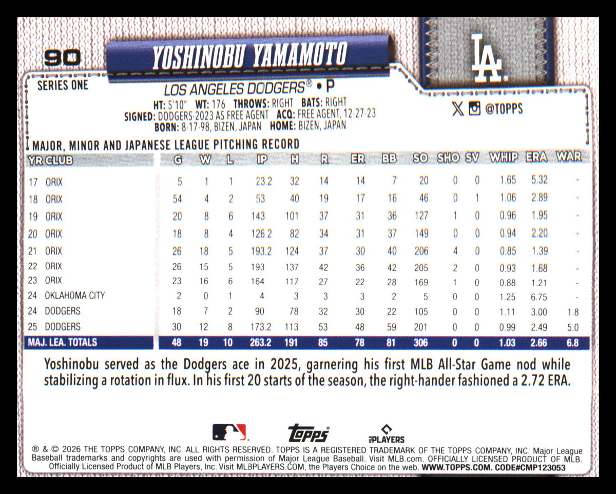 2026 Topps Rainbow Foil #90 Yoshinobu Yamamoto - Veteran Sports Cards FL