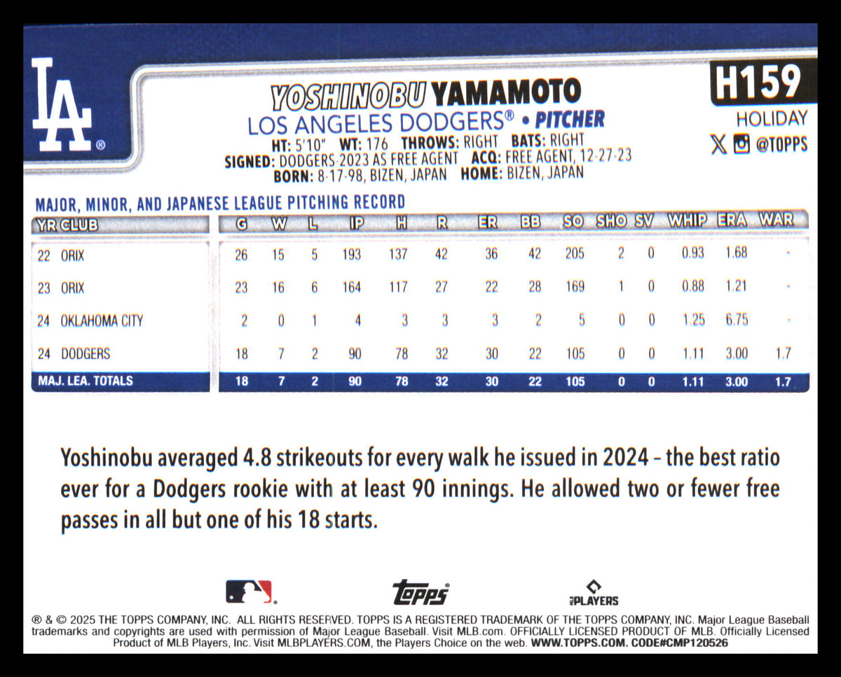 2025 Topps Holiday Green Holiday Plaid #H159 Yoshinobu Yamamoto - Veteran Sports Cards FL