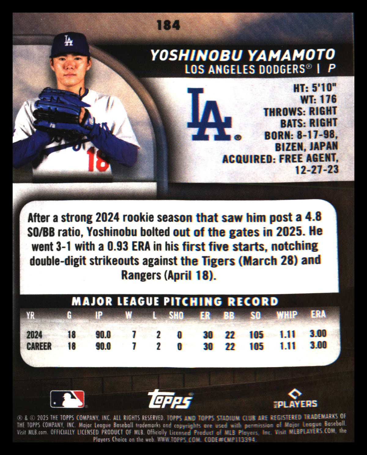 2025 Stadium Club #184 Yoshinobu Yamamoto - Veteran Sports Cards FL