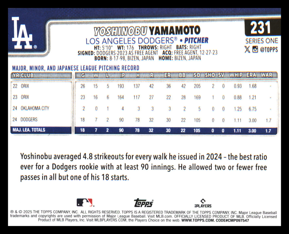2025 Topps #231 Yoshinobu Yamamoto - Veteran Sports Cards FL