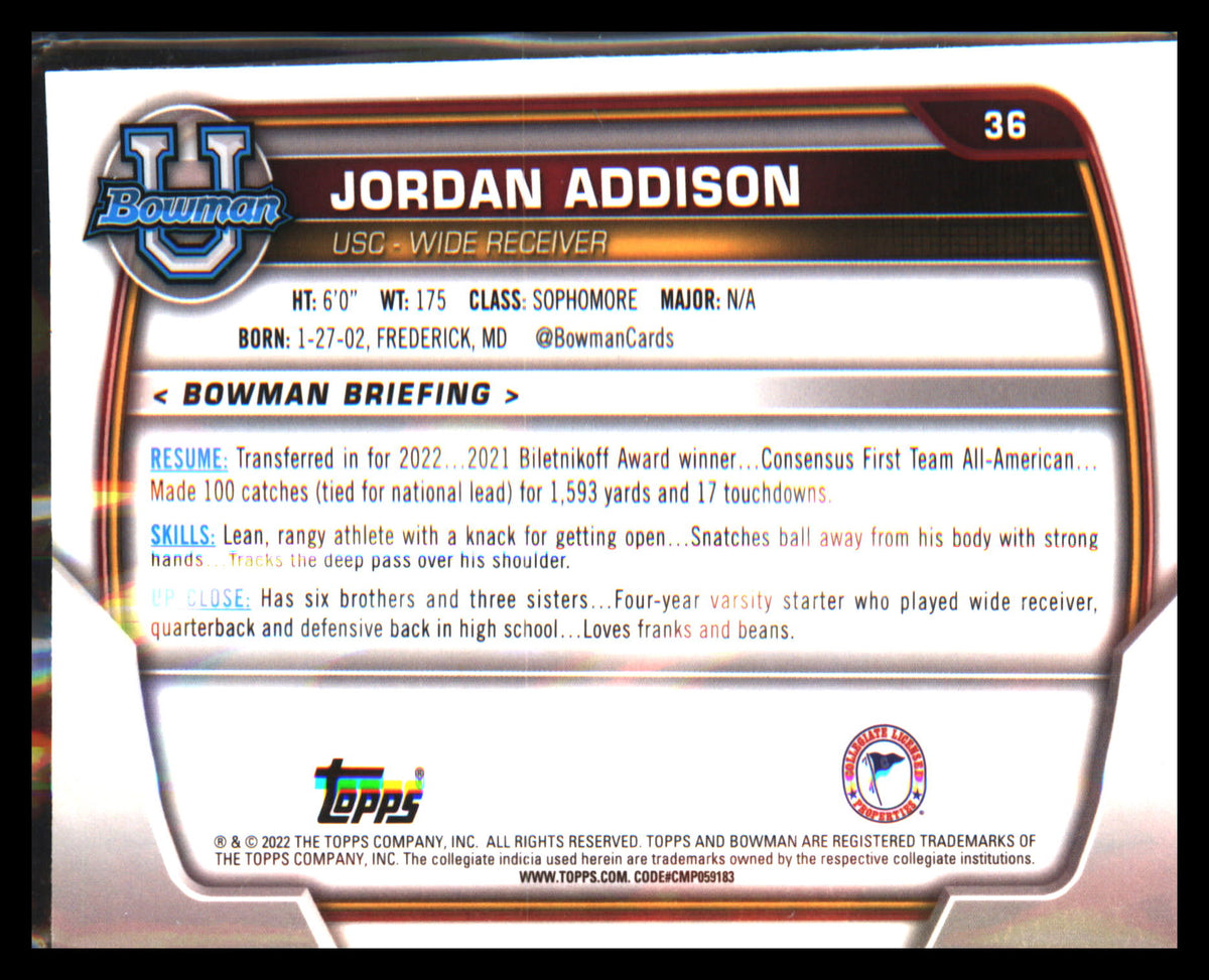 2022 Bowman University Chrome #36 Jordan Addison - Veteran Sports Cards FL