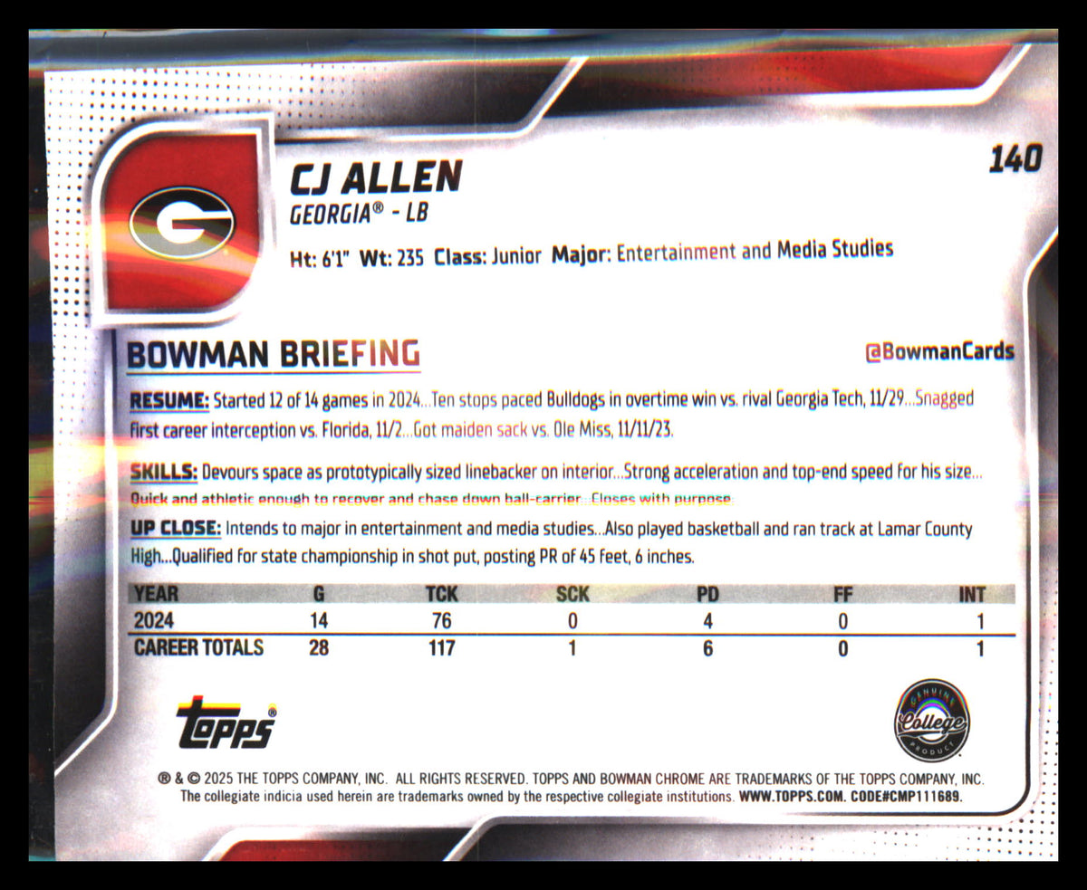 2025 Bowman University Chrome #140 CJ Allen - Veteran Sports Cards FL