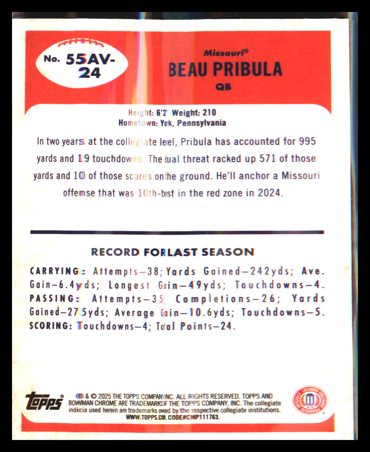 2025 Bowman University Chrome 1955 Bowman Football #55AV-24 Beau Pribula - Veteran Sports Cards FL