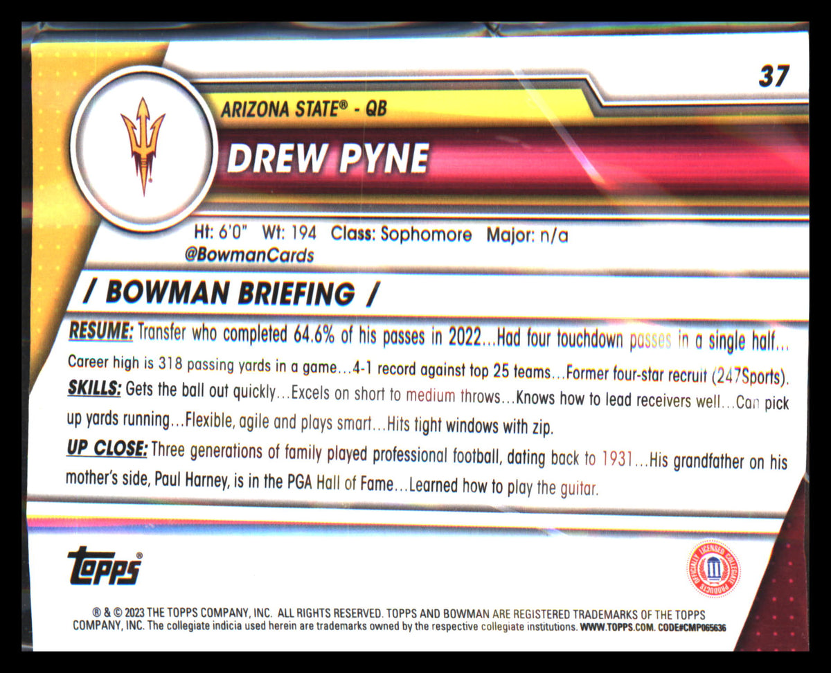 2023 Bowman University Chrome #37 Drew Pyne - Veteran Sports Cards FL