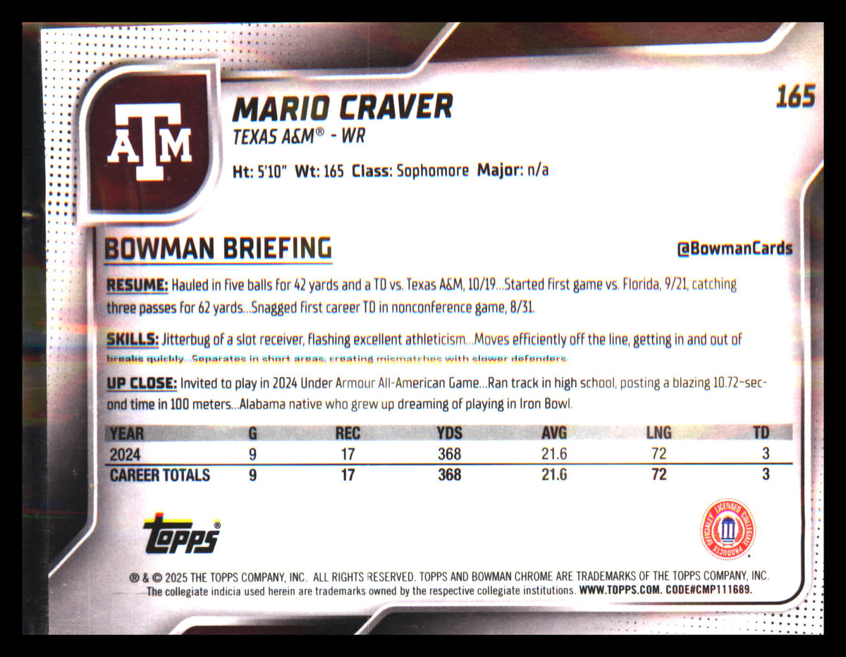 2025 Bowman University Chrome #165 Mario Craver - Veteran Sports Cards FL