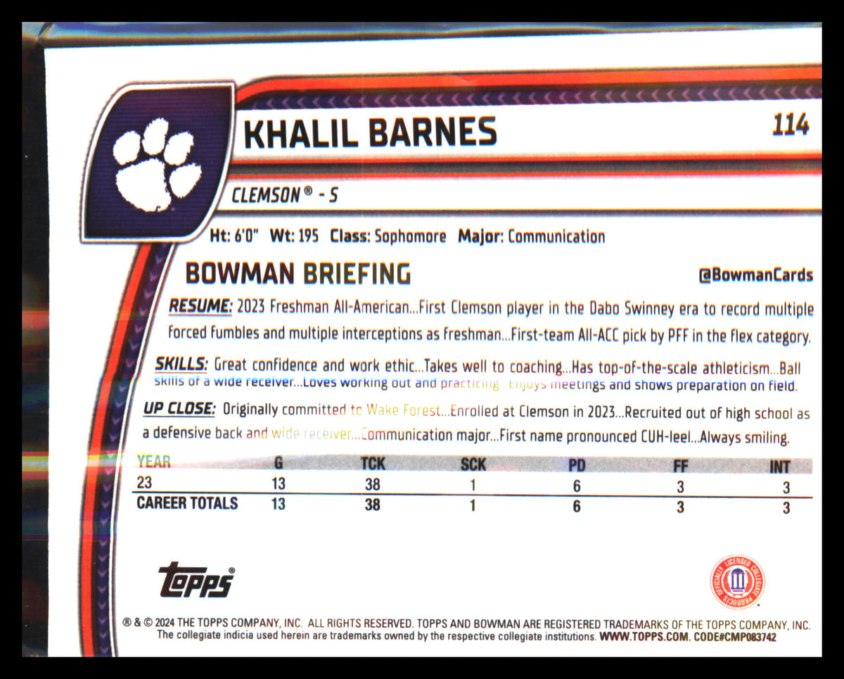 2024 Bowman University Chrome #114 Khalil Barnes - Veteran Sports Cards FL