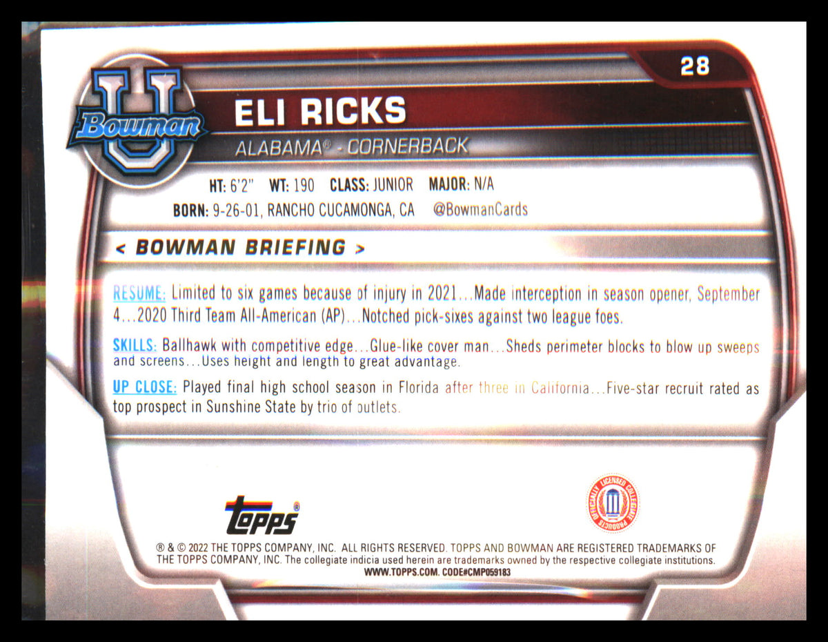 2022 Bowman University Chrome #28 Eli Ricks - Veteran Sports Cards FL