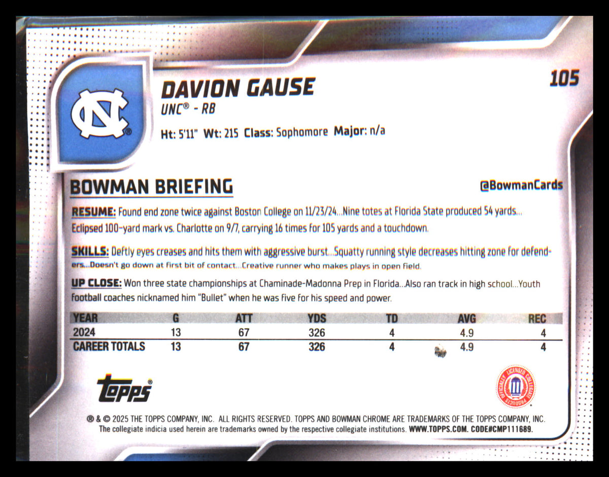 2025 Bowman University Chrome #105 Davion Gause - Veteran Sports Cards FL