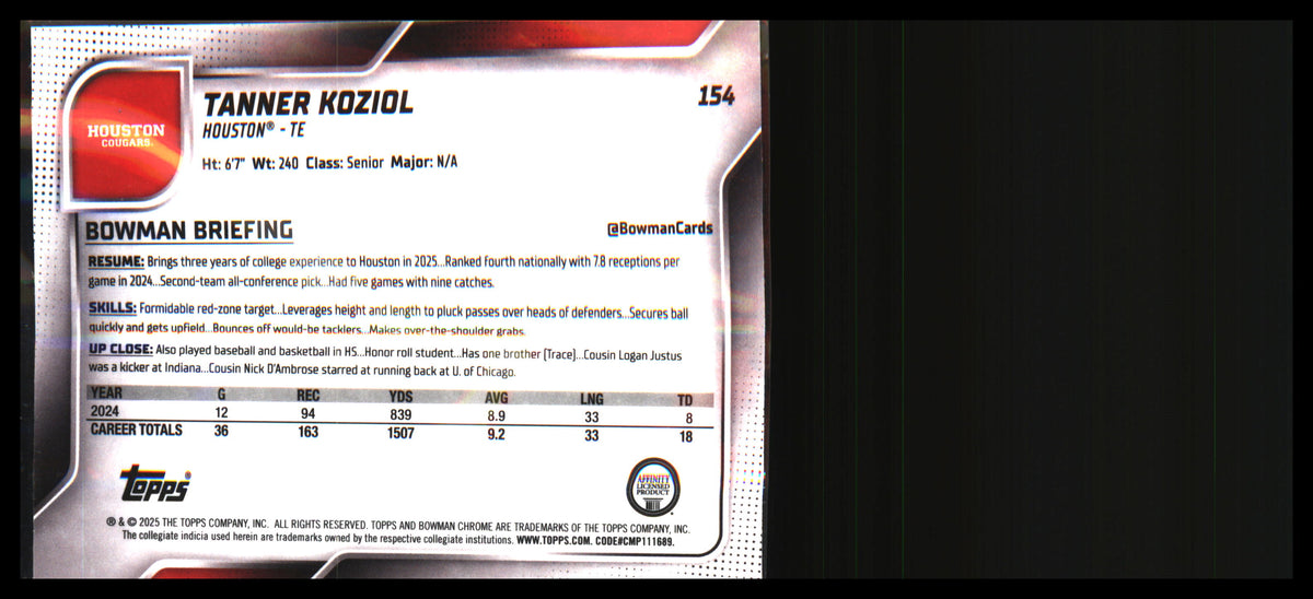 2025 Bowman University Chrome #154 Tanner Koziol - Veteran Sports Cards FL