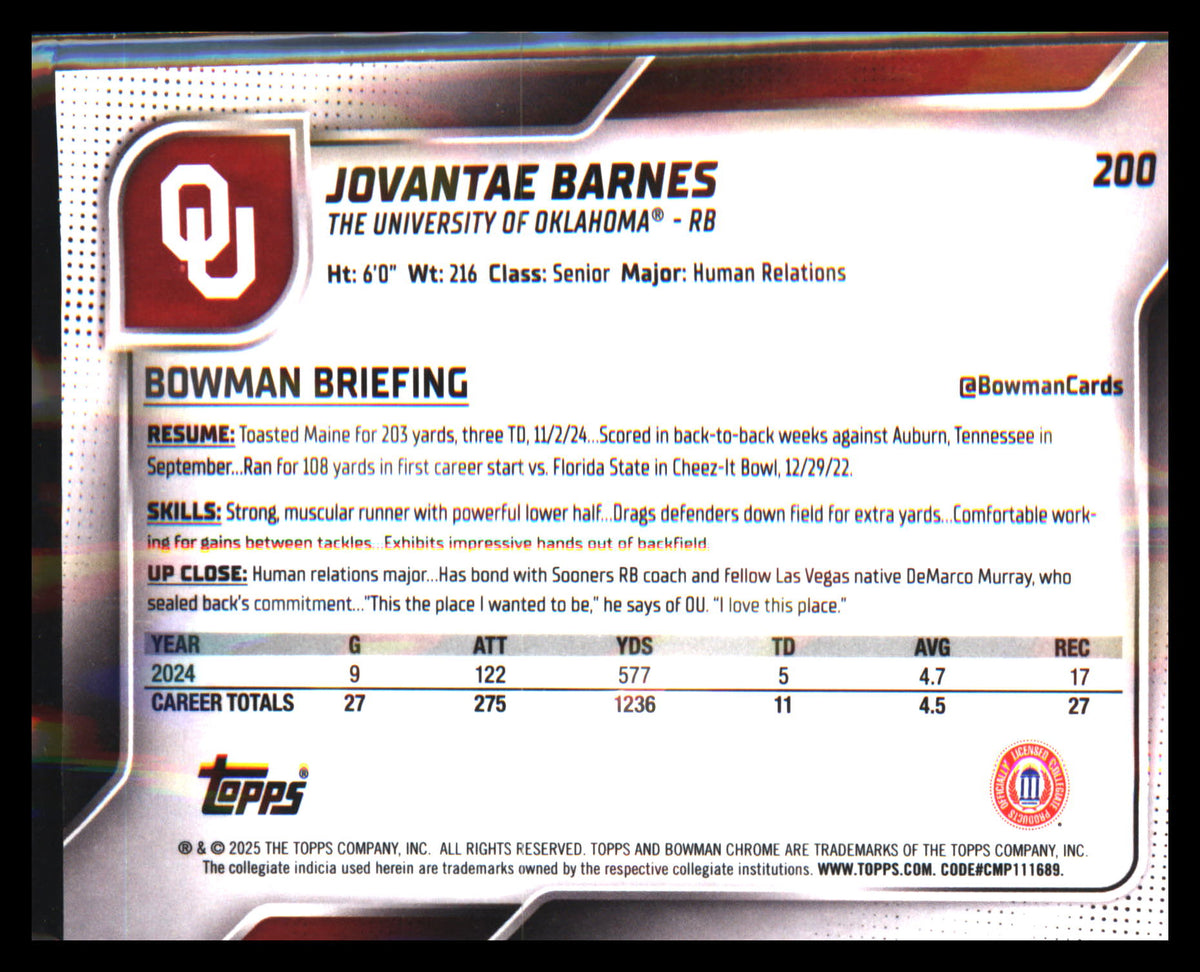 2025 Bowman University Chrome #200 Jovantae Barnes - Veteran Sports Cards FL