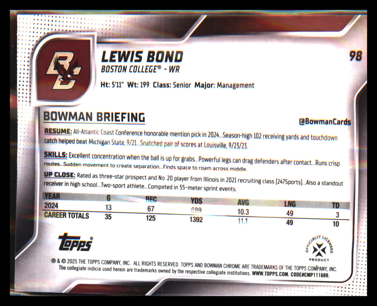 2025 Bowman University Chrome #98 Lewis Bond - Veteran Sports Cards FL