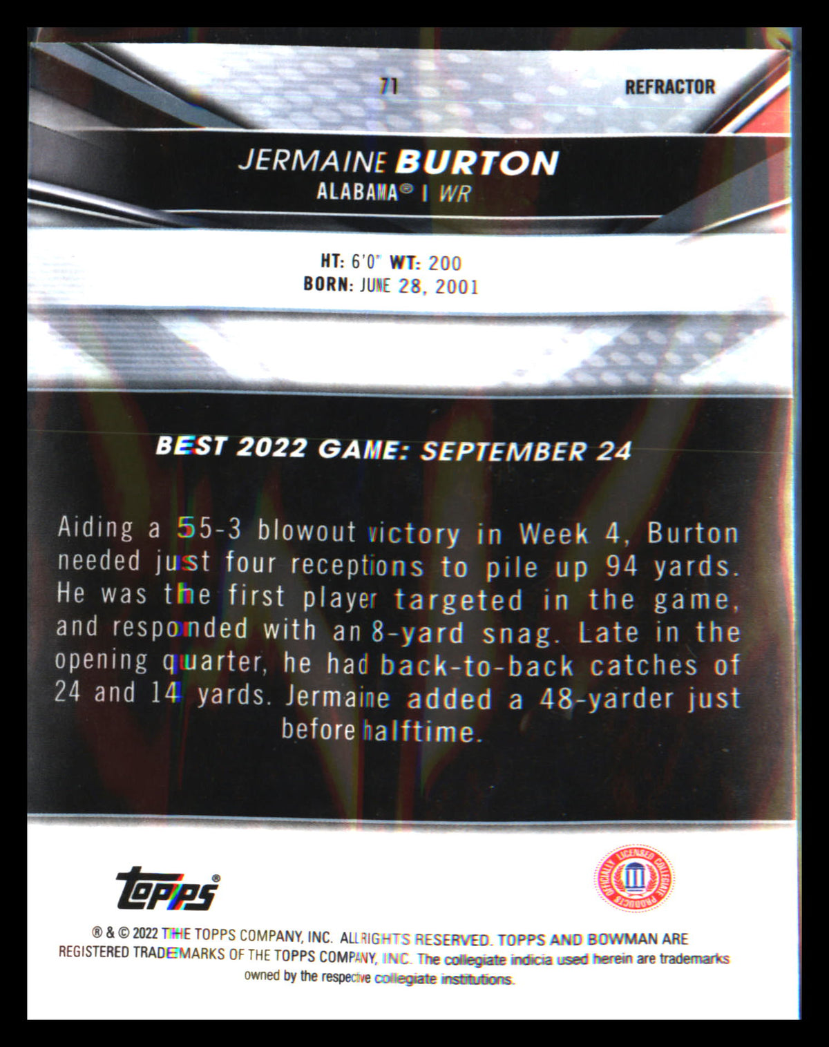 2022-23 Bowman's Best University Refractor #71 Jermaine Burton - Veteran Sports Cards FL