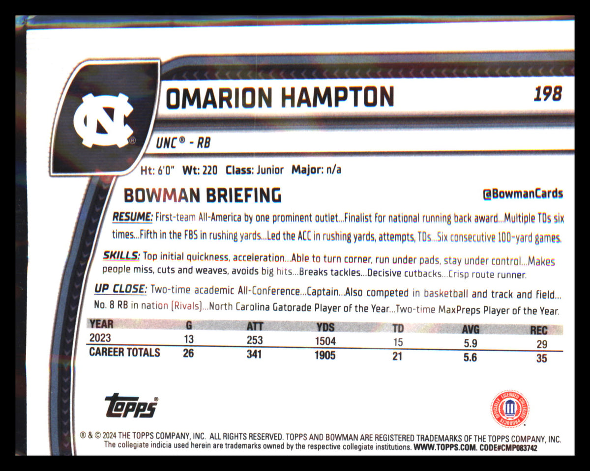 2024 Bowman University Chrome #198 Omarion Hampton - Veteran Sports Cards FL