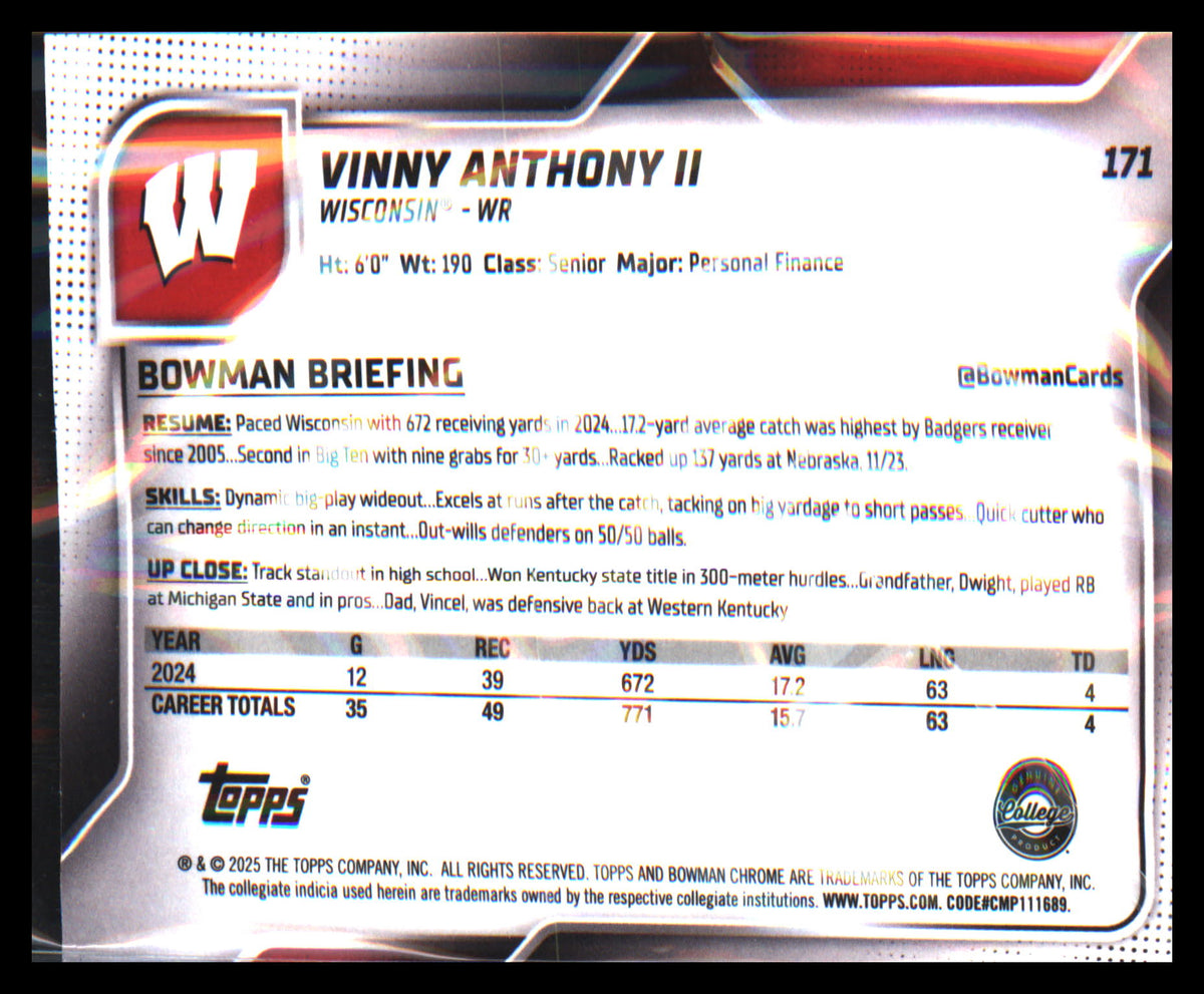 2025 Bowman University Chrome #171 Vinny Anthony II - Veteran Sports Cards FL
