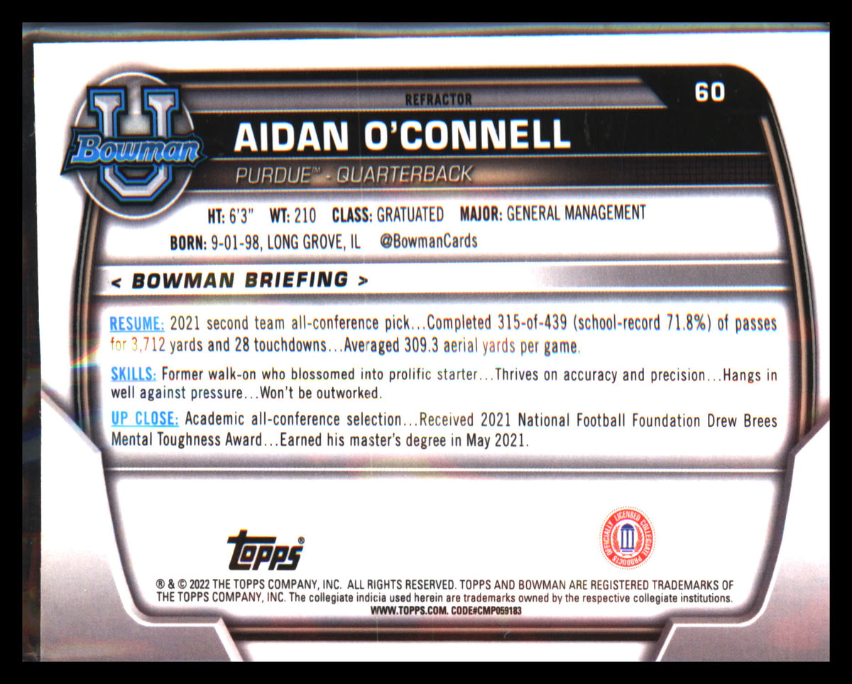 2022 Bowman University Chrome Refractor #60 Aidan O'Connell - Veteran Sports Cards FL