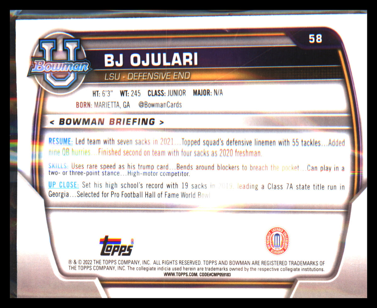 2022 Bowman University Chrome #58 BJ Ojulari - Veteran Sports Cards FL