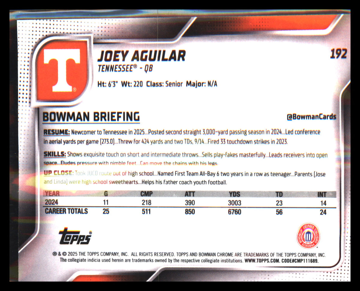 2025 Bowman University Chrome #192 Joey Aguilar - Veteran Sports Cards FL