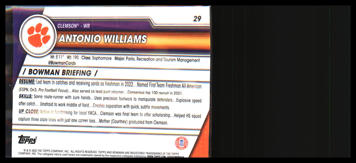 2023 Bowman University Chrome #29 Antonio Williams - Veteran Sports Cards FL