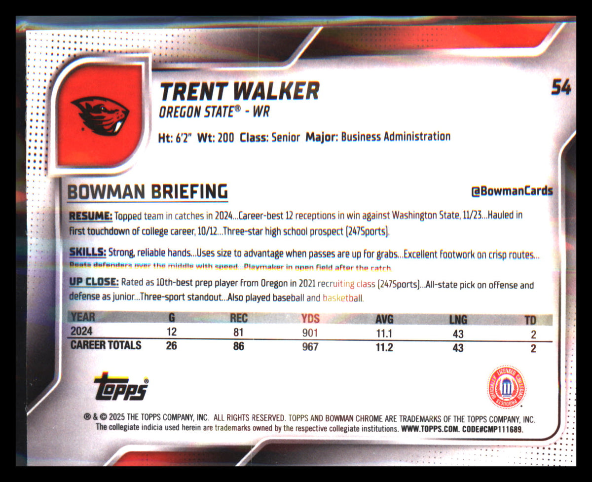 2025 Bowman University Chrome #54 Trent Walker - Veteran Sports Cards FL