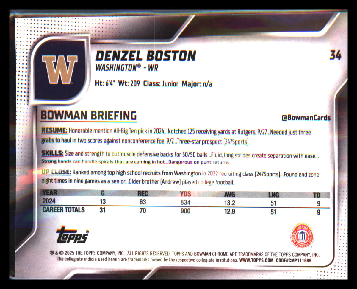 2025 Bowman University Chrome #34 Denzel Boston - Veteran Sports Cards FL