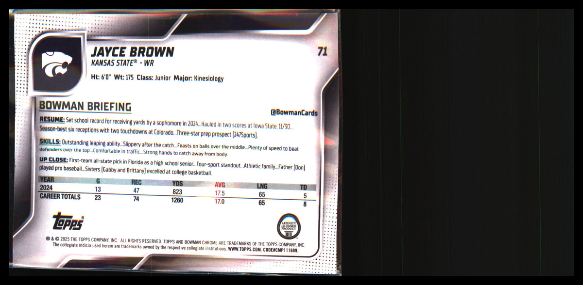 2025 Bowman University Chrome #71 Jayce Brown - Veteran Sports Cards FL