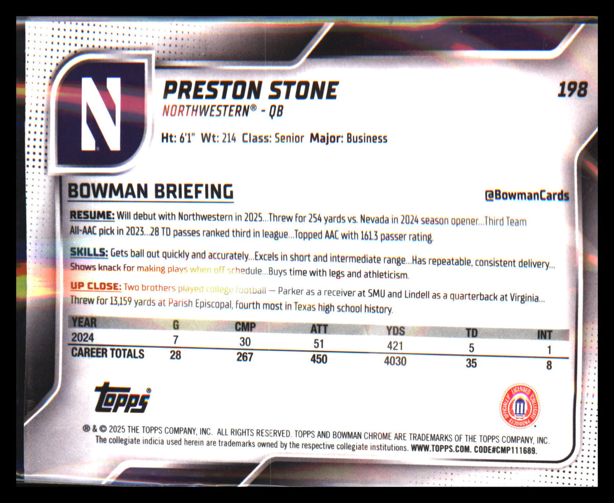 2025 Bowman University Chrome #198 Preston Stone - Veteran Sports Cards FL