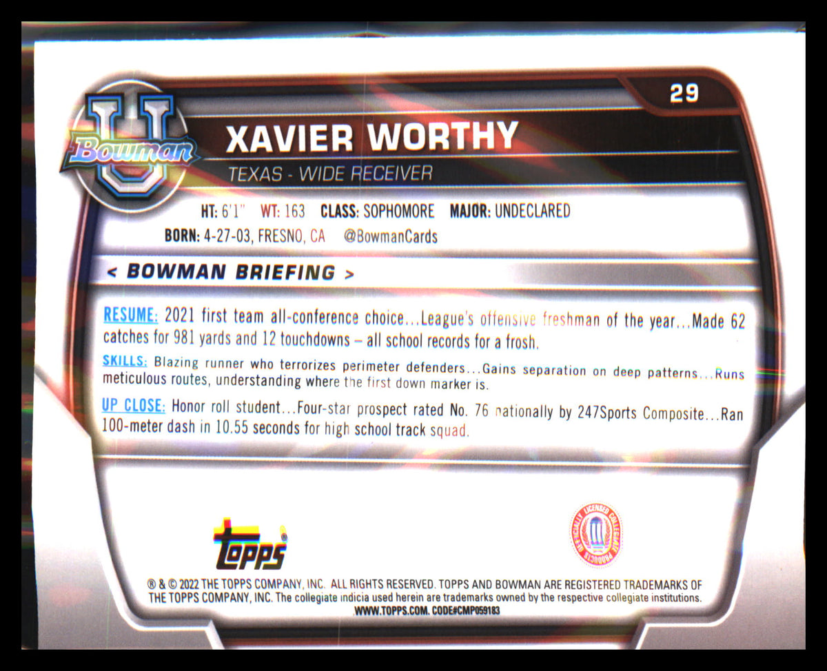 2022 Bowman University Chrome #29 Xavier Worthy - Veteran Sports Cards FL