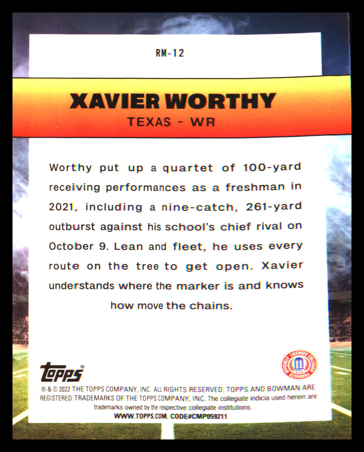 2022 Bowman University Chrome Ramblin' Man #RM-12 Xavier Worthy - Veteran Sports Cards FL