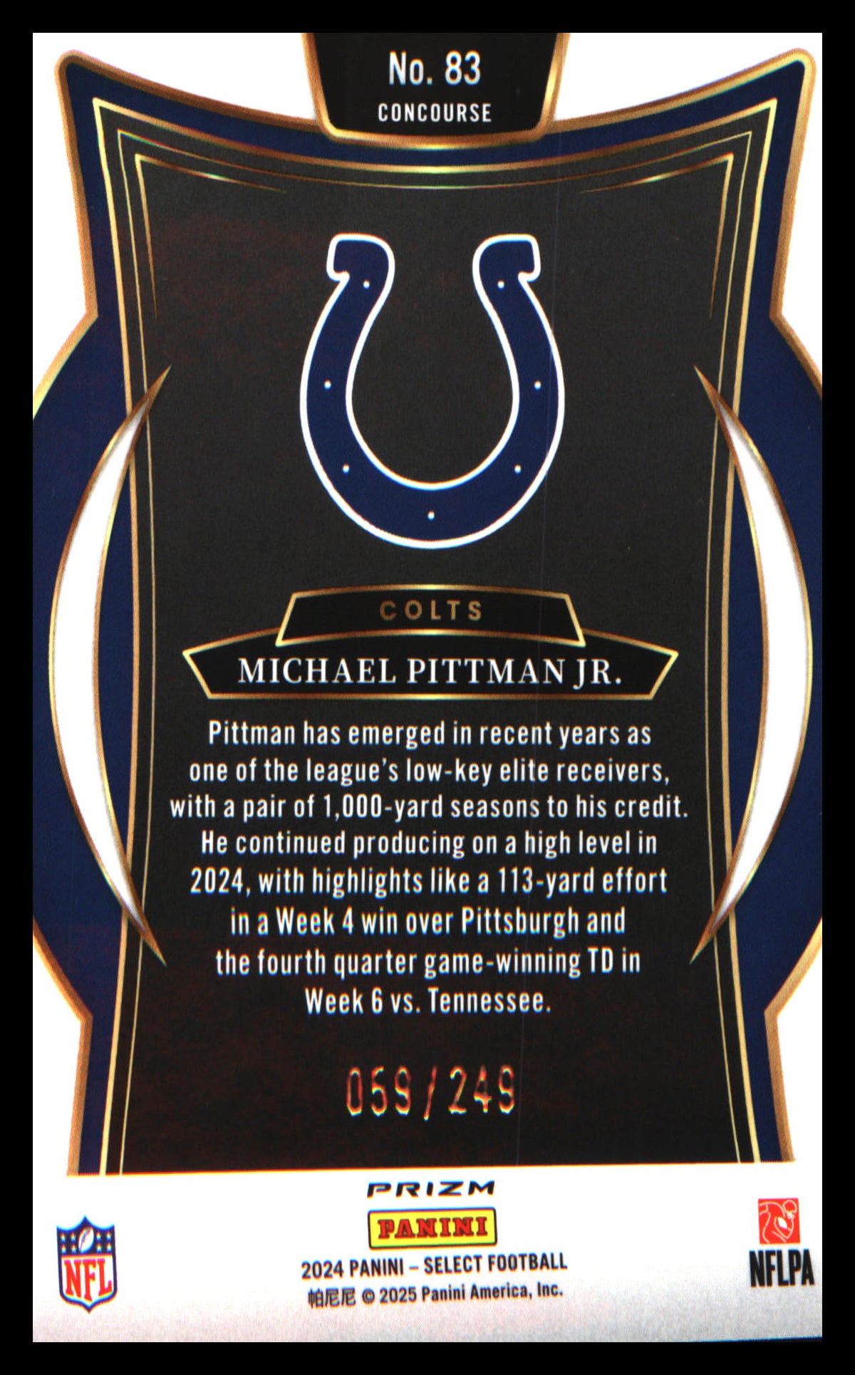 2024 Panini Select Blue checkerboard Prizm #83 Michael Pittman Jr. SN - Veteran Sports Cards FL