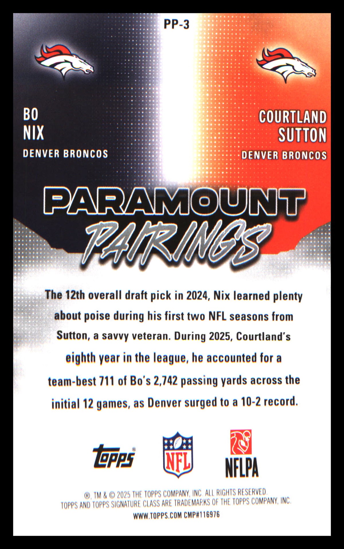2025 Topps Signature Class Paramount Pairings #PP-3 Courtland Sutton / Bo Nix - Veteran Sports Cards FL