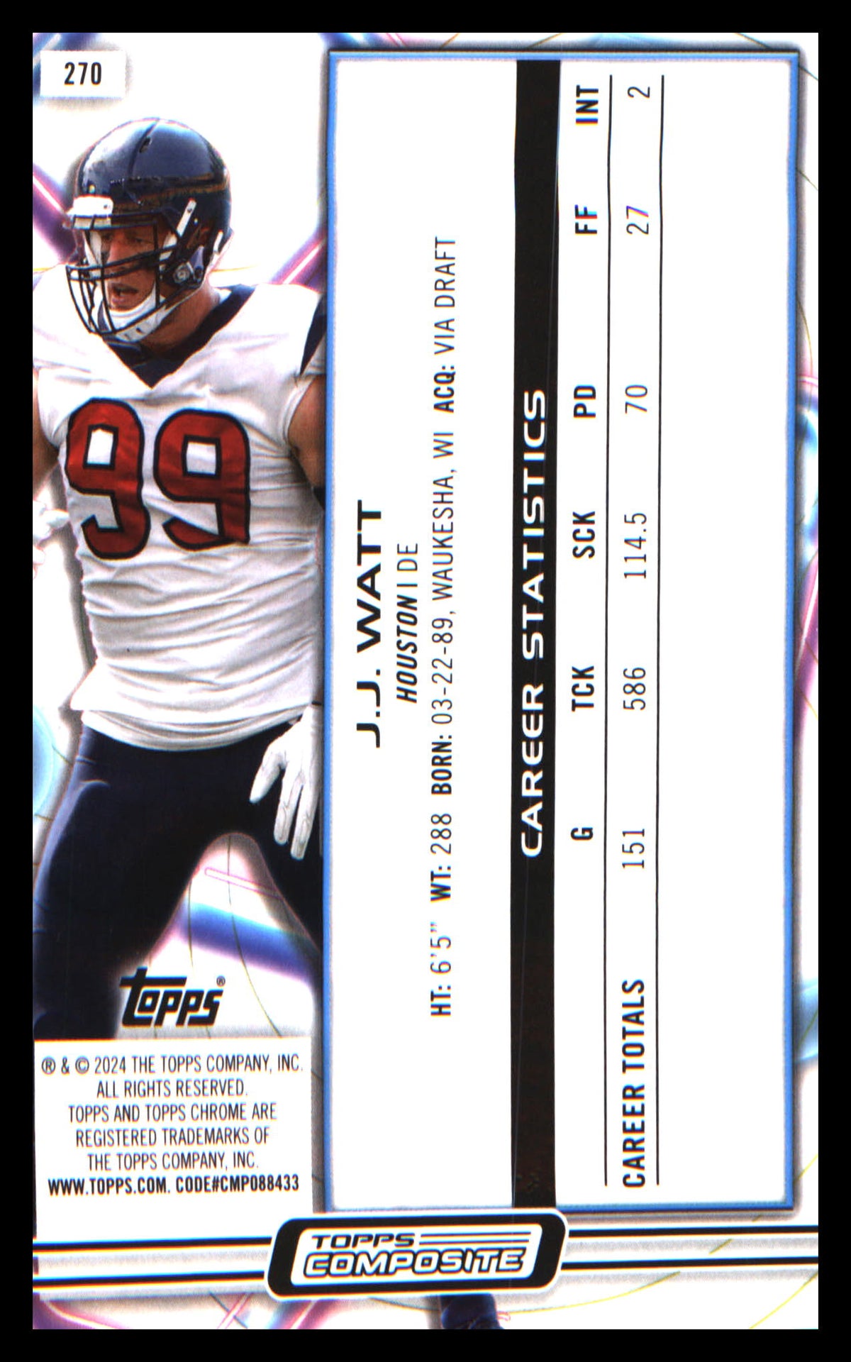 2023 Topps Composite Cosmic Chrome Nucleus #270 J.J. Watt - Veteran Sports Cards FL