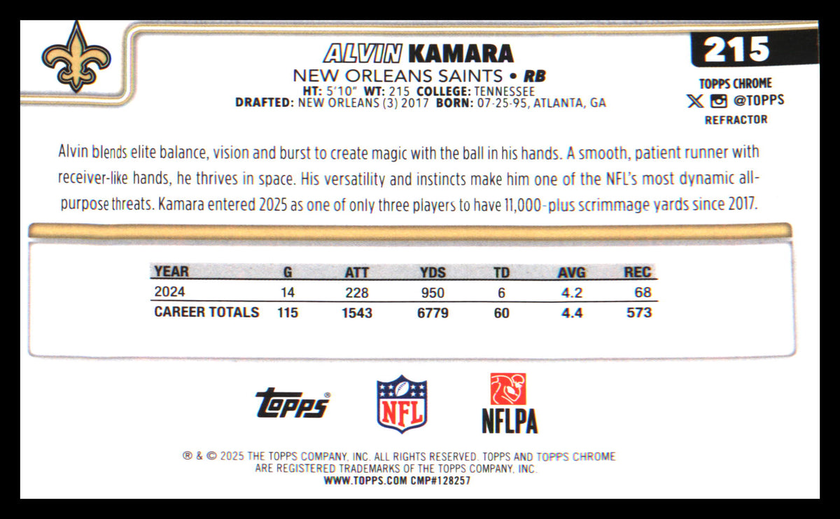 2025 Topps Chrome Topps Refractor 215 Alvin Kamara 17577