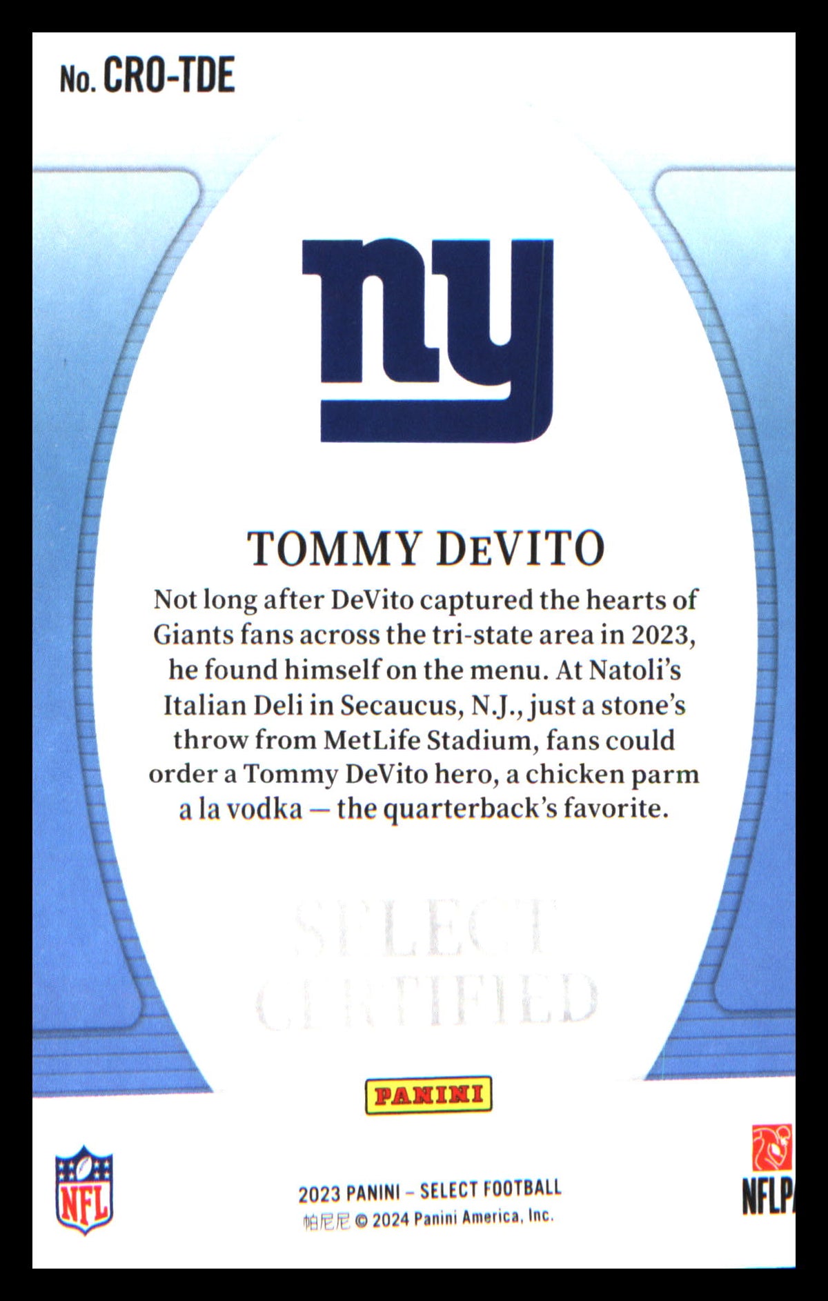 Football 2023 Panini Select Select Certified Rookies Prizm #CRO-TDE Tommy DeVito