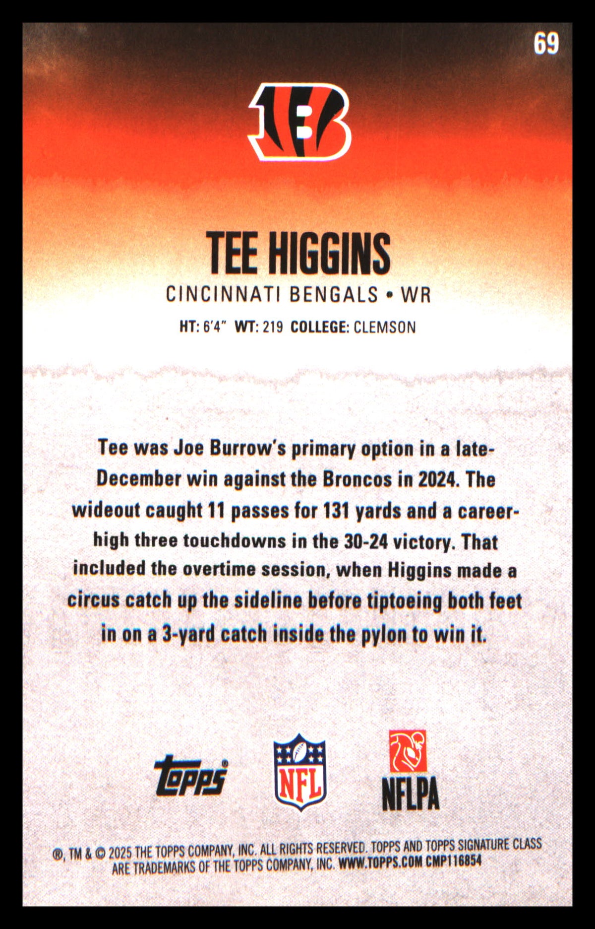 2025 Topps Signature Class Blue & Yellow #69 Tee Higgins