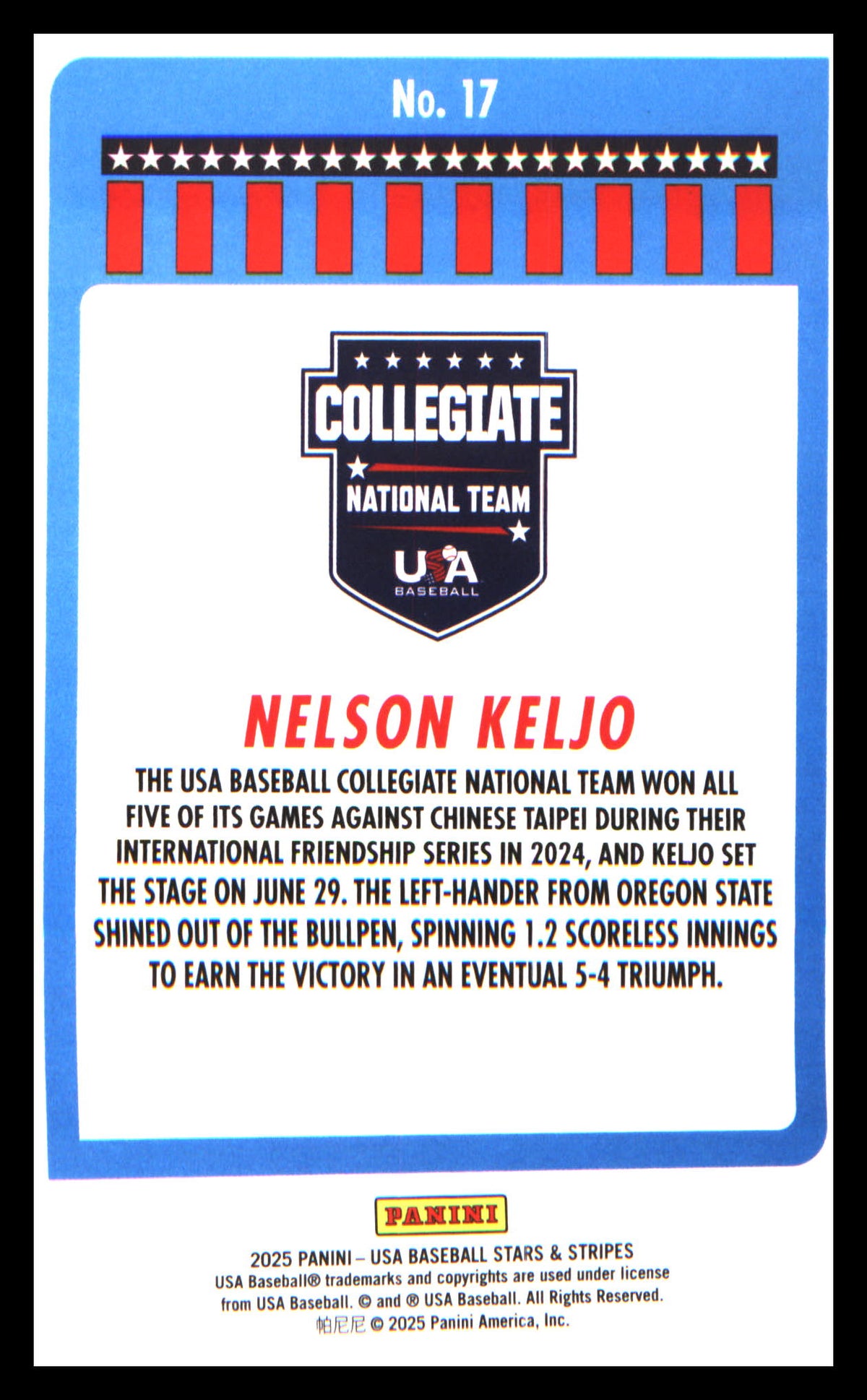 Baseball 2025 Panini Stars & Stripes USA Baseball Stripes #17 Nelson Keljo