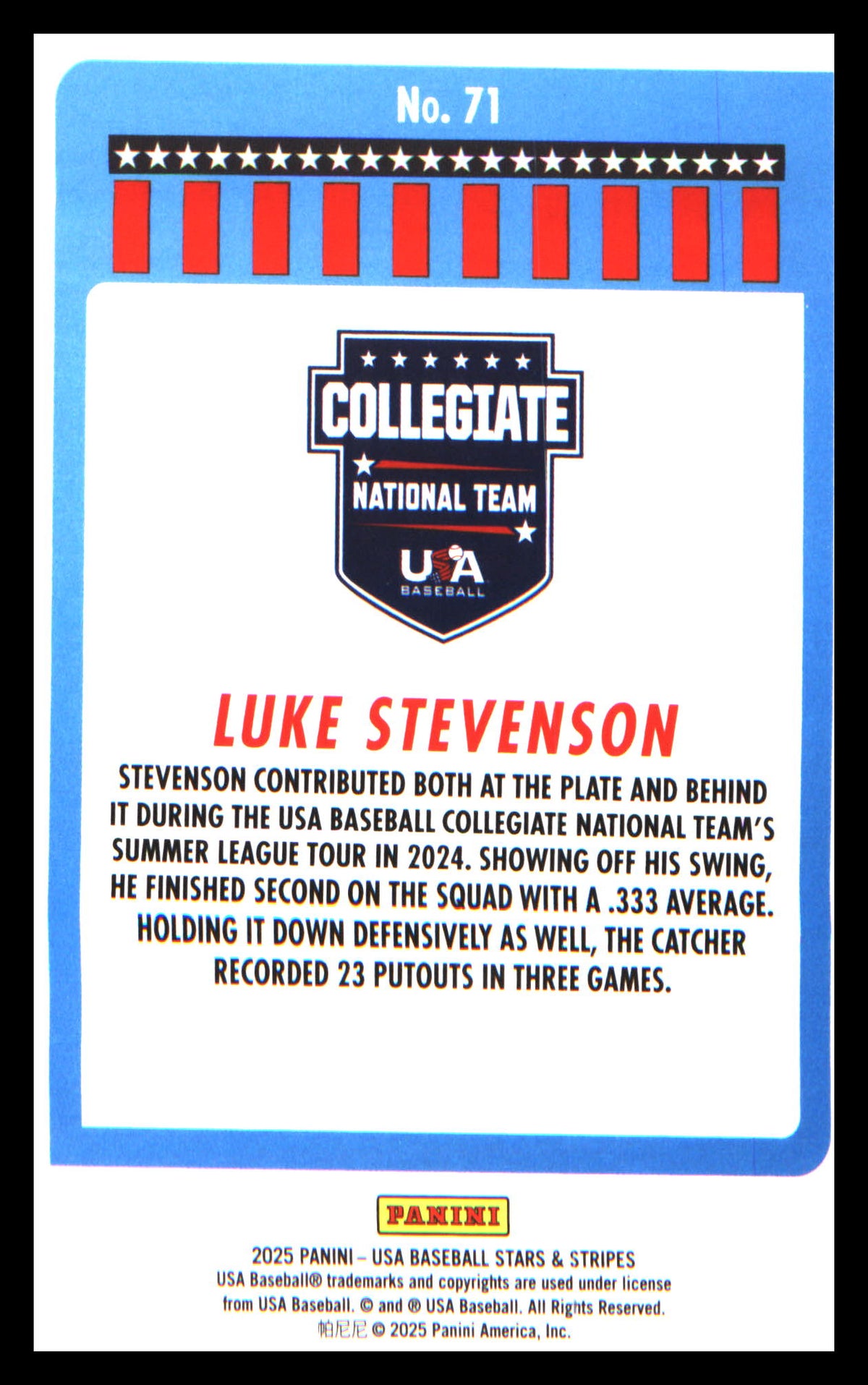 Baseball 2025 Panini Stars & Stripes USA Baseball Green #71 Luke Stevenson