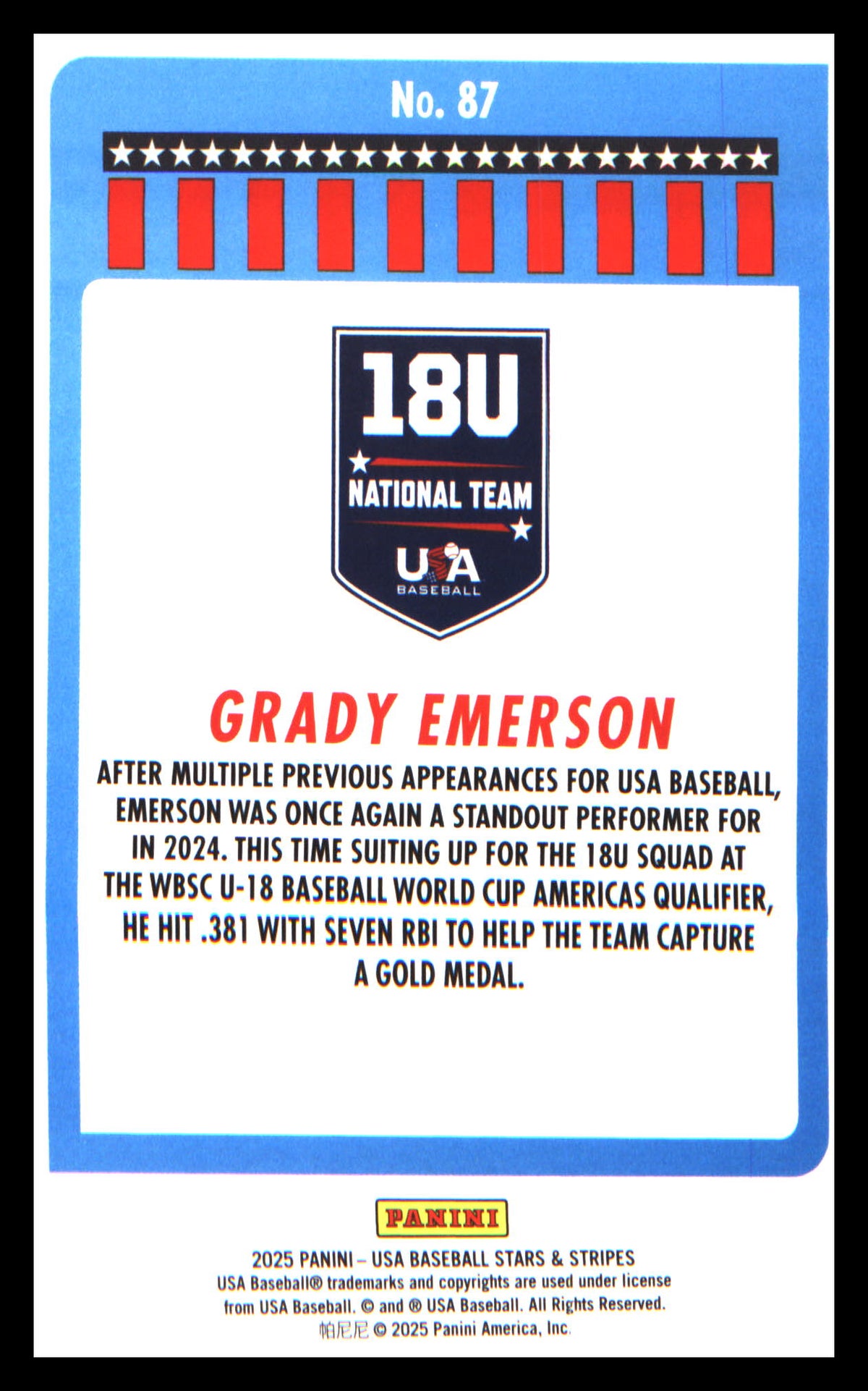 Baseball 2025 Panini Stars & Stripes USA Baseball #87 Grady Emerson