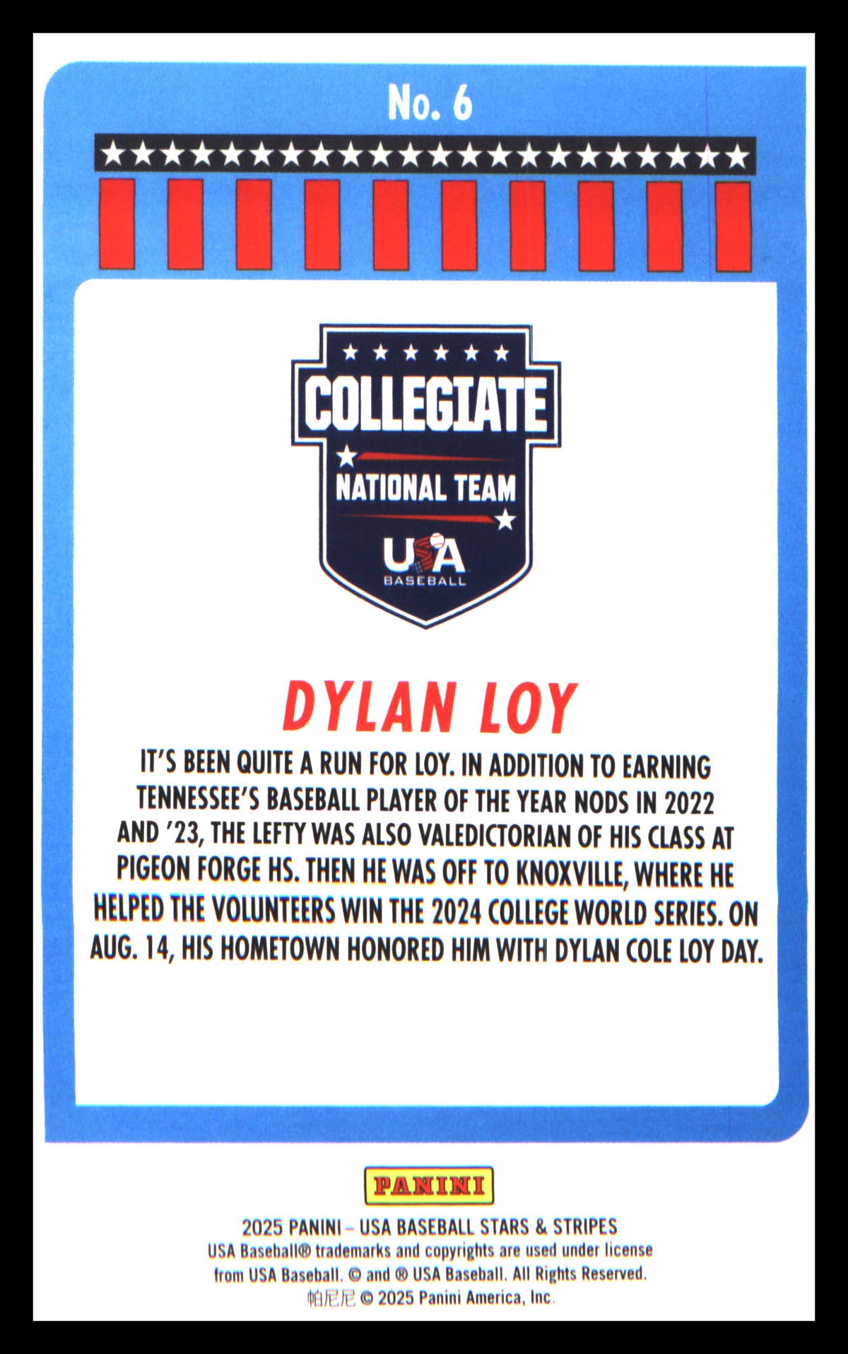 Baseball 2025 Panini Stars & Stripes USA Baseball Stars #6 Dylan Loy