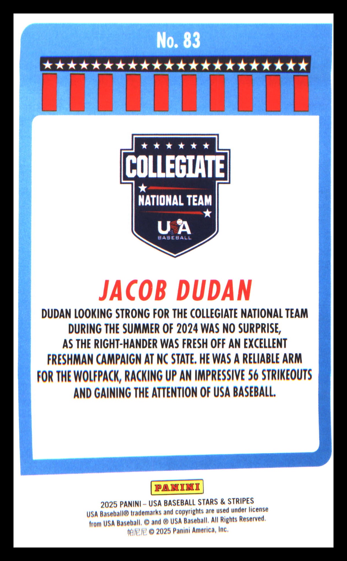 Baseball 2025 Panini Stars & Stripes USA Baseball #83 Jacob Dudan