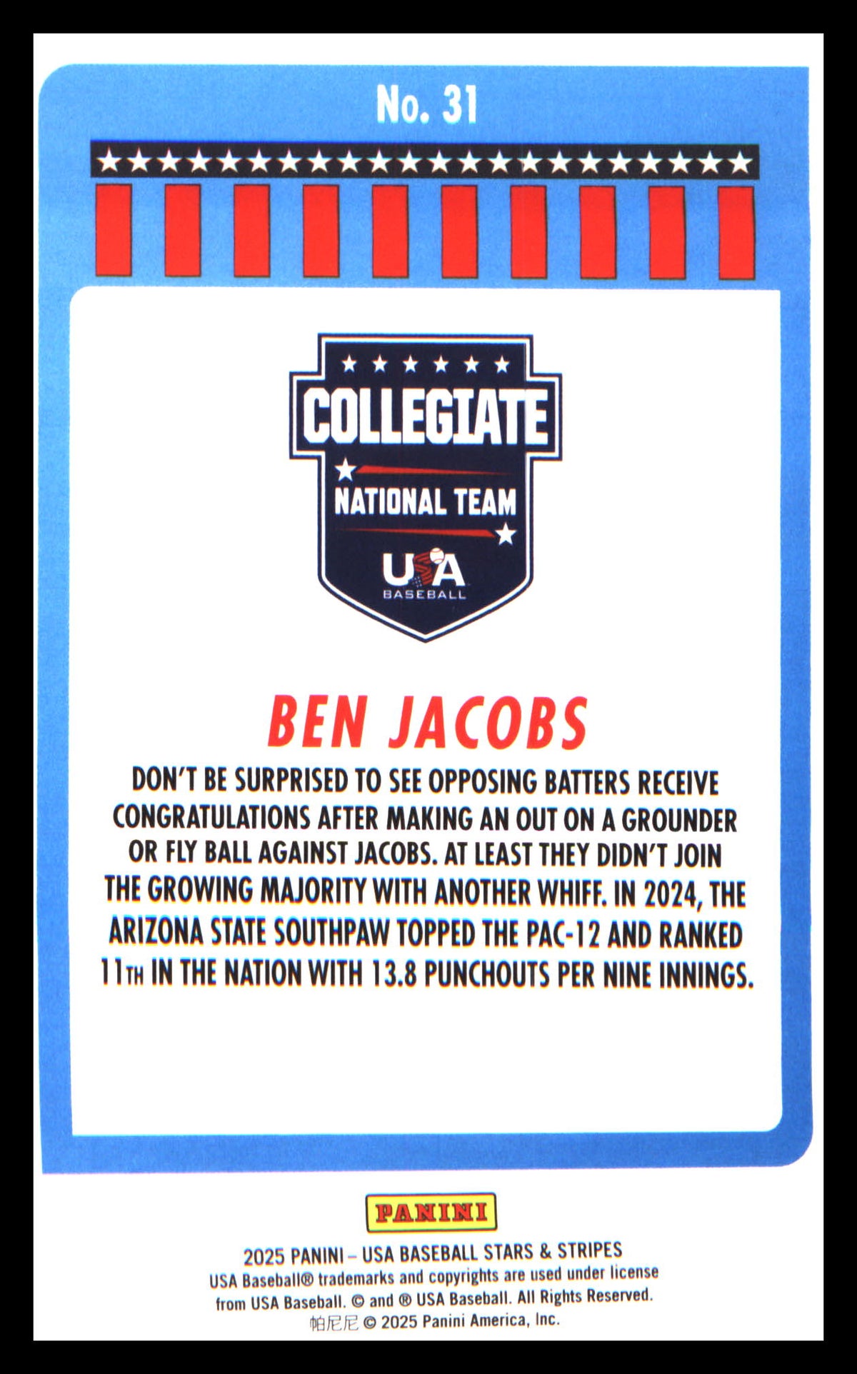 Baseball 2025 Panini Stars & Stripes USA Baseball #31 Ben Jacobs