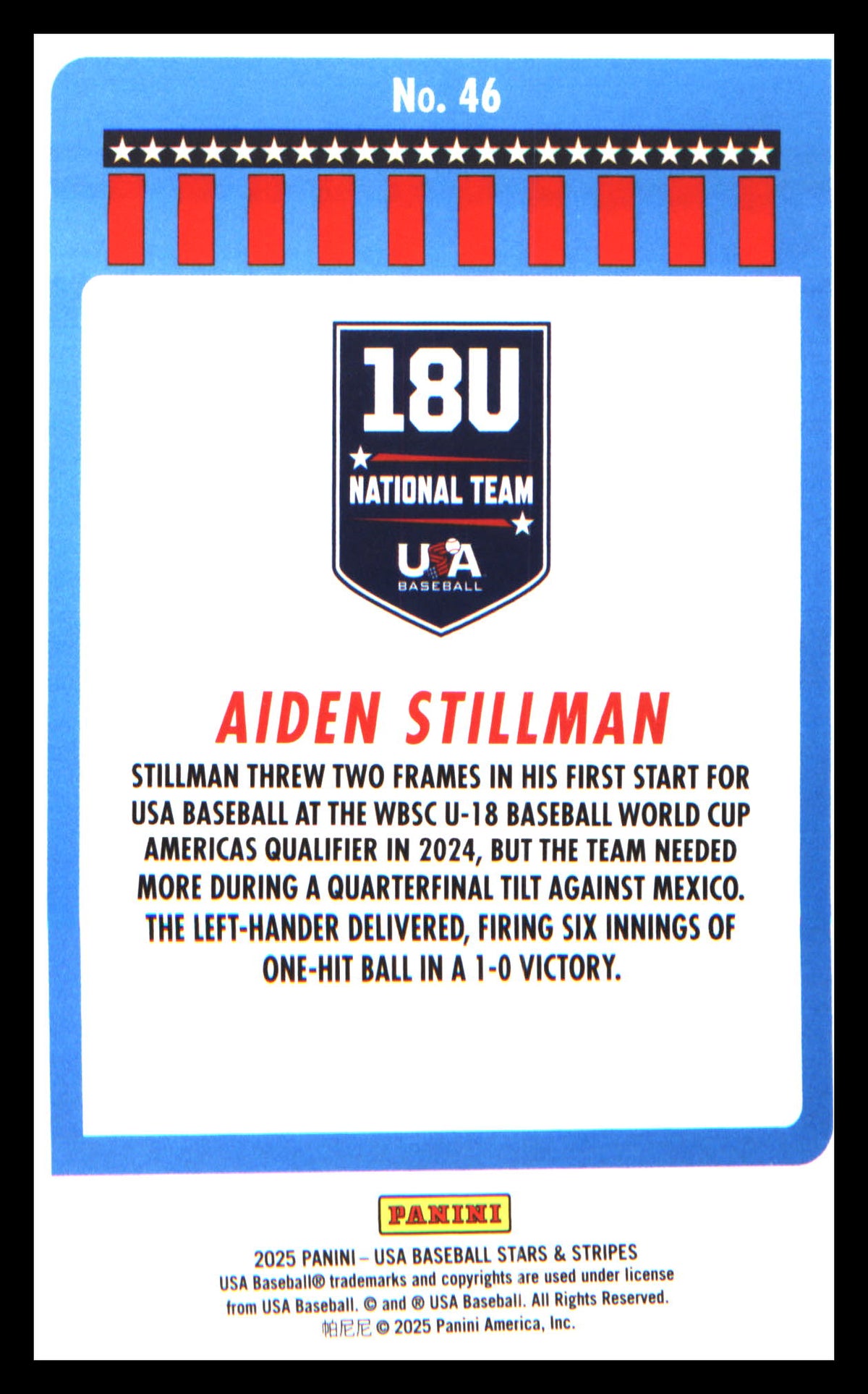 Baseball 2025 Panini Stars & Stripes USA Baseball #46 Aiden Stillman