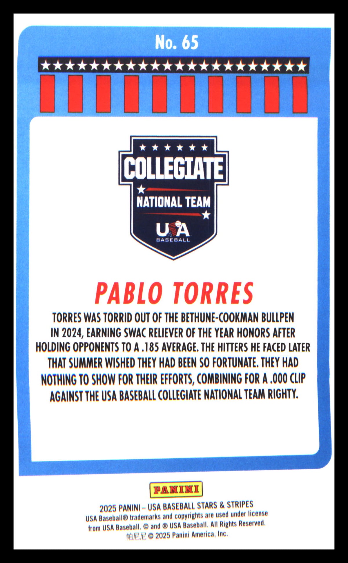 Baseball 2025 Panini Stars & Stripes USA Baseball #65 Pablo Torres