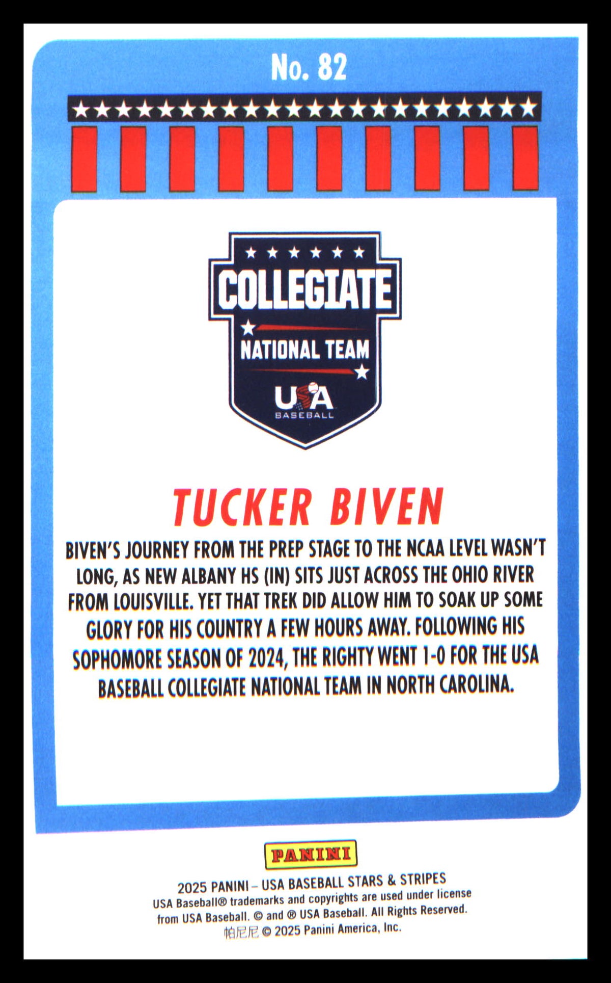 Baseball 2025 Panini Stars & Stripes USA Baseball #82 Tucker Biven