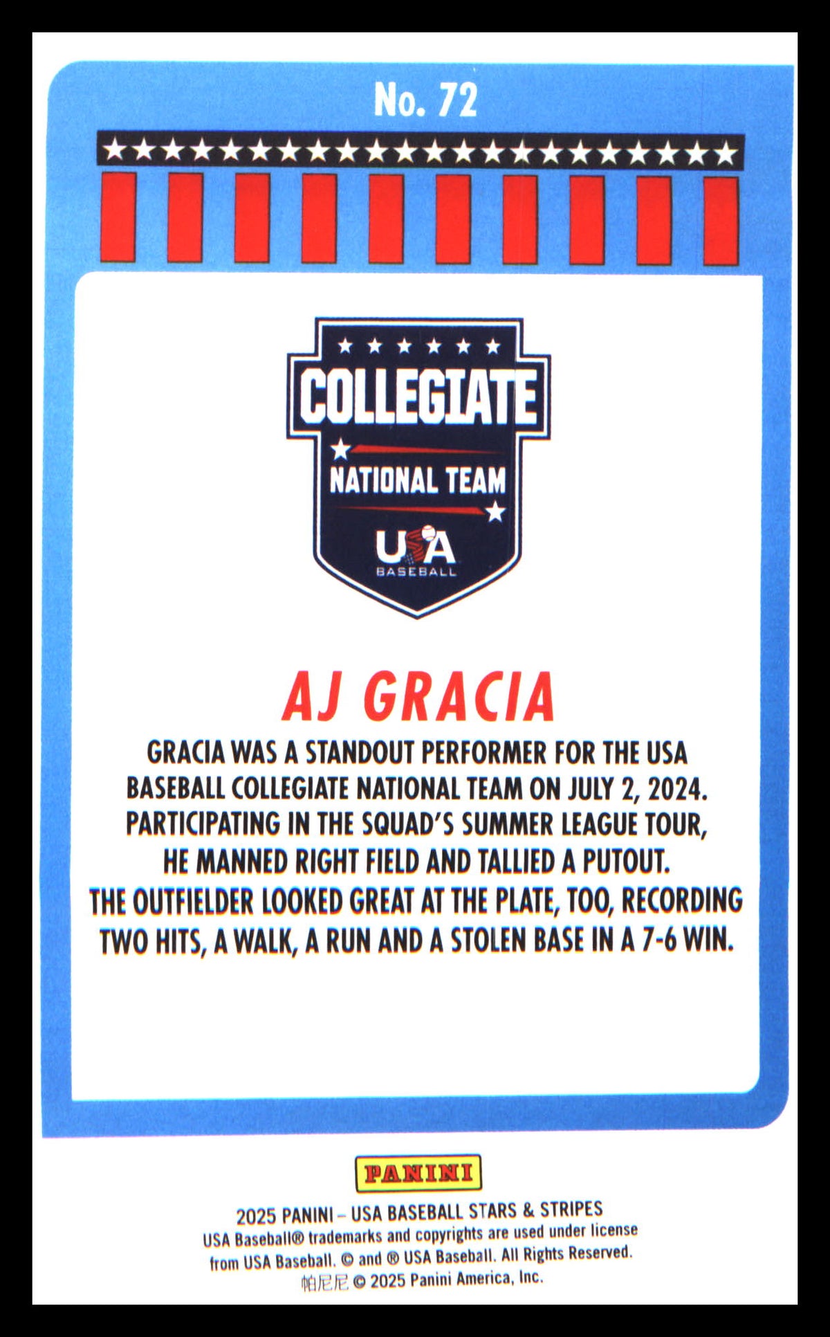 Baseball 2025 Panini Stars & Stripes USA Baseball #72 AJ Gracia