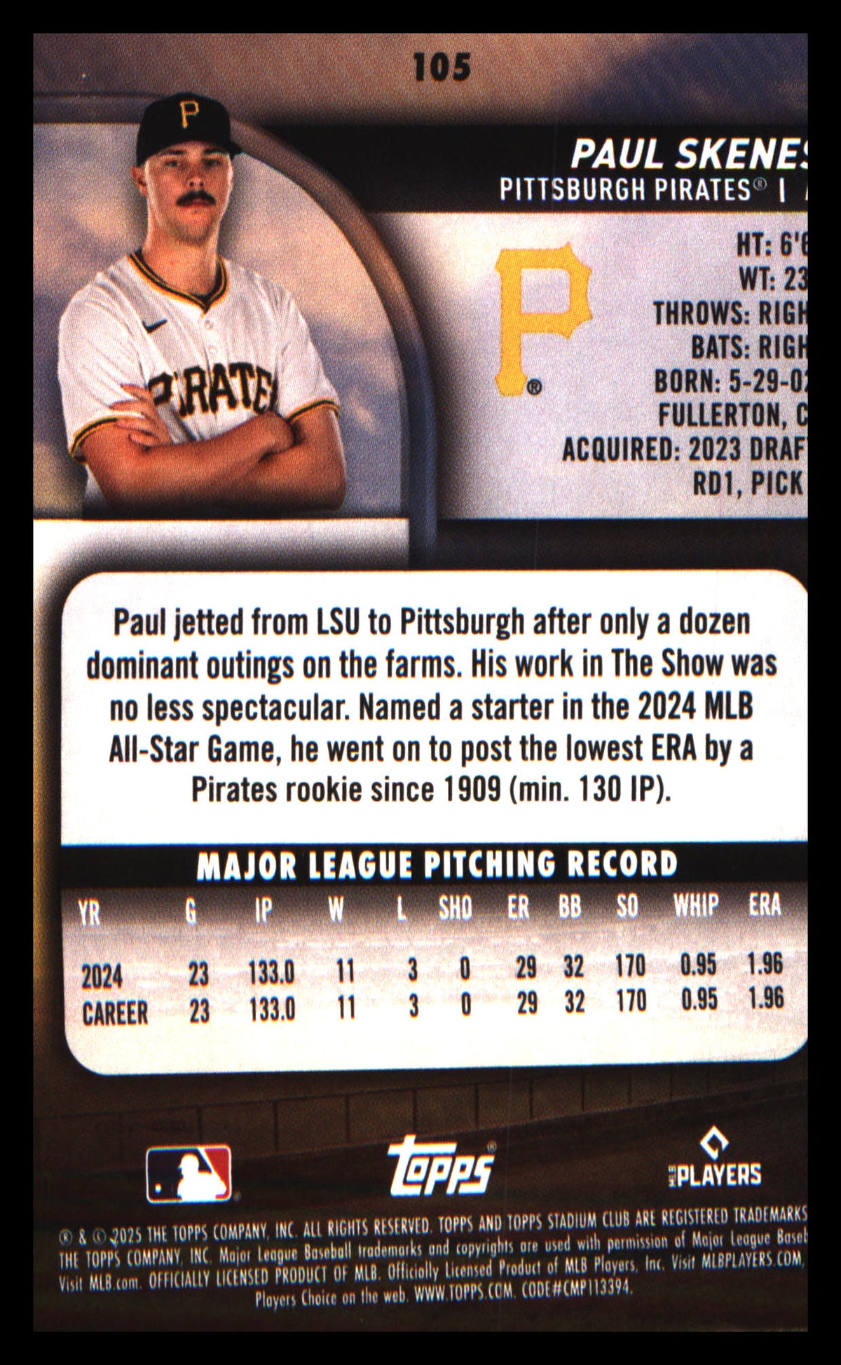 Baseball 2025 Stadium Club #105 Paul Skenes