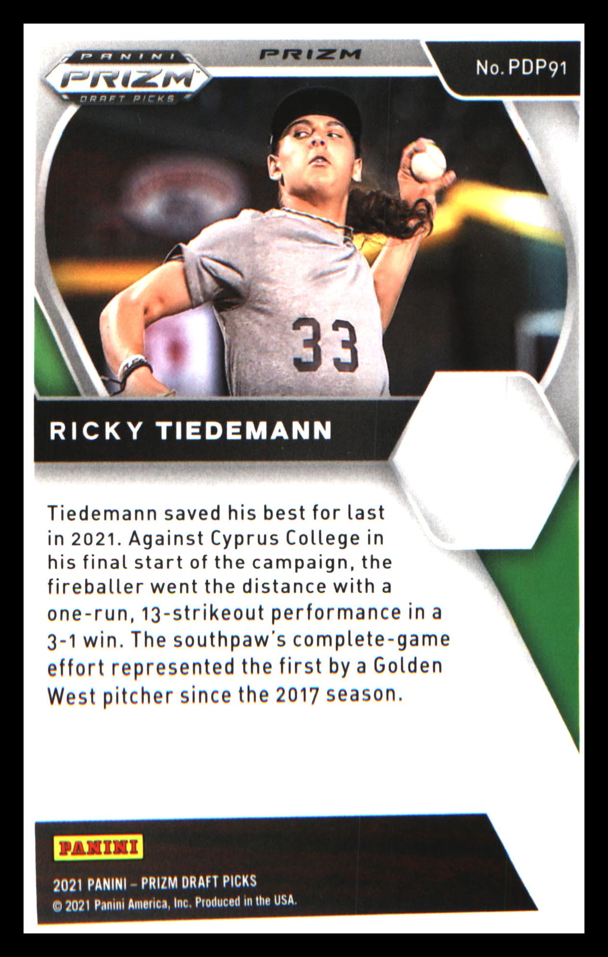 Baseball 2021 Panini Prizm Draft Picks Silver Prizm #PDP91 Ricky Tiedemann