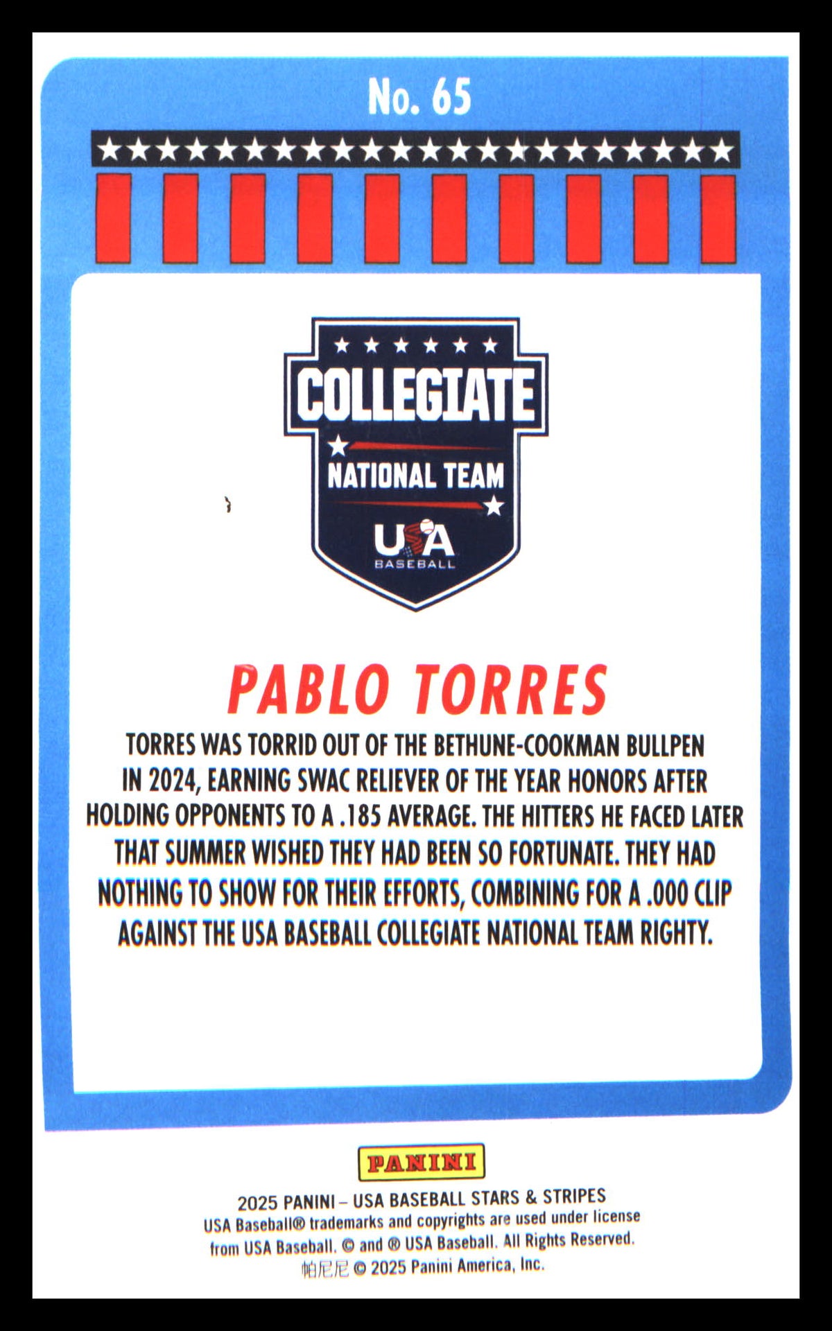 Baseball 2025 Panini Stars & Stripes USA Baseball #65 Pablo Torres