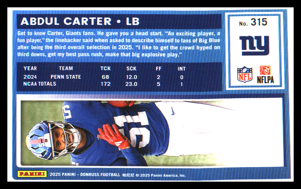 Football 2025 Donruss #315 Abdul Carter Rookie Rookie